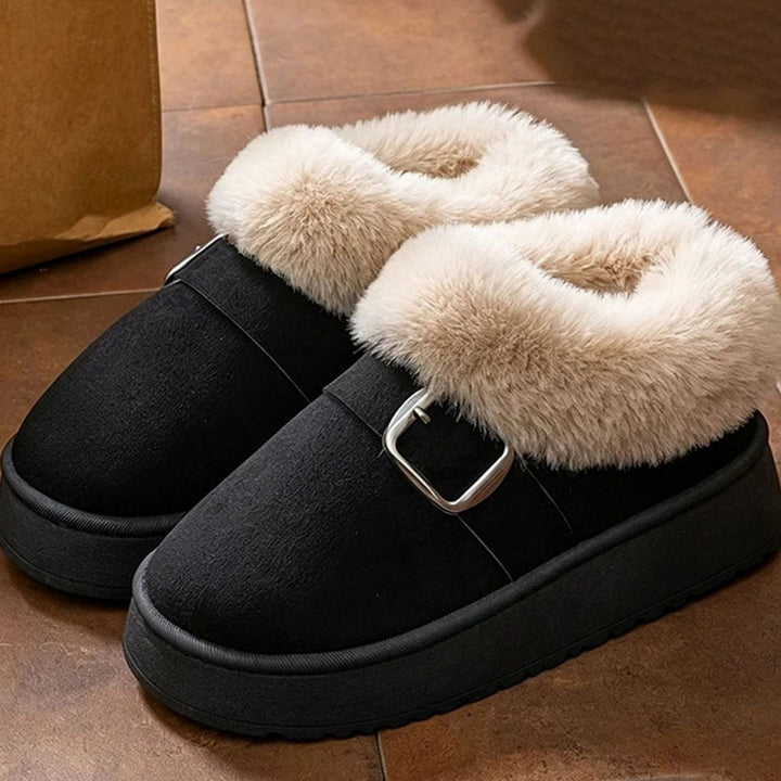 Women's Faux Fur Platform Buckle Ankle Boots - Black
