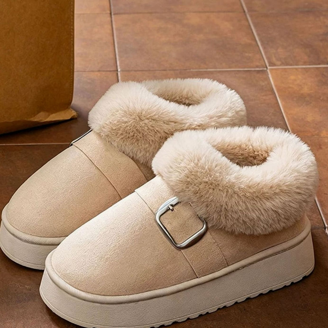 Women's Faux Fur Platform Buckle Ankle Boots - Beige