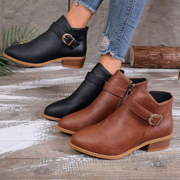 Women's Faux Leather Buckle-Strap Side-Zip Ankle Boots