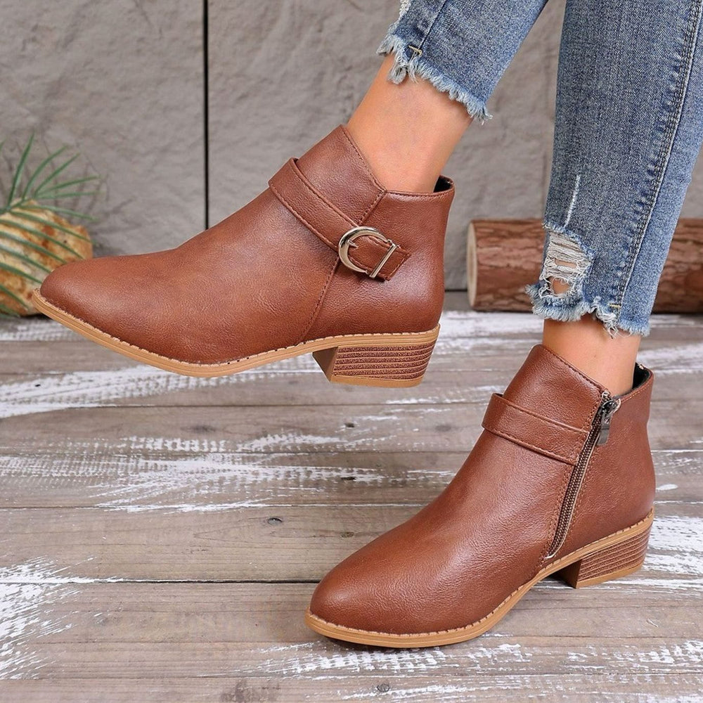 Women's Faux Leather Buckle-Strap Side-Zip Ankle Boots