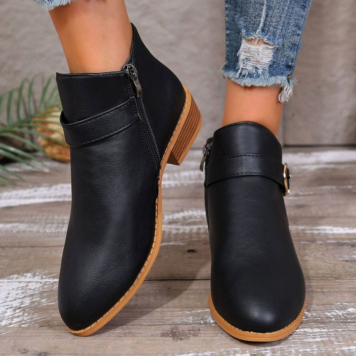 Women's Faux Leather Buckle-Strap Side-Zip Ankle Boots