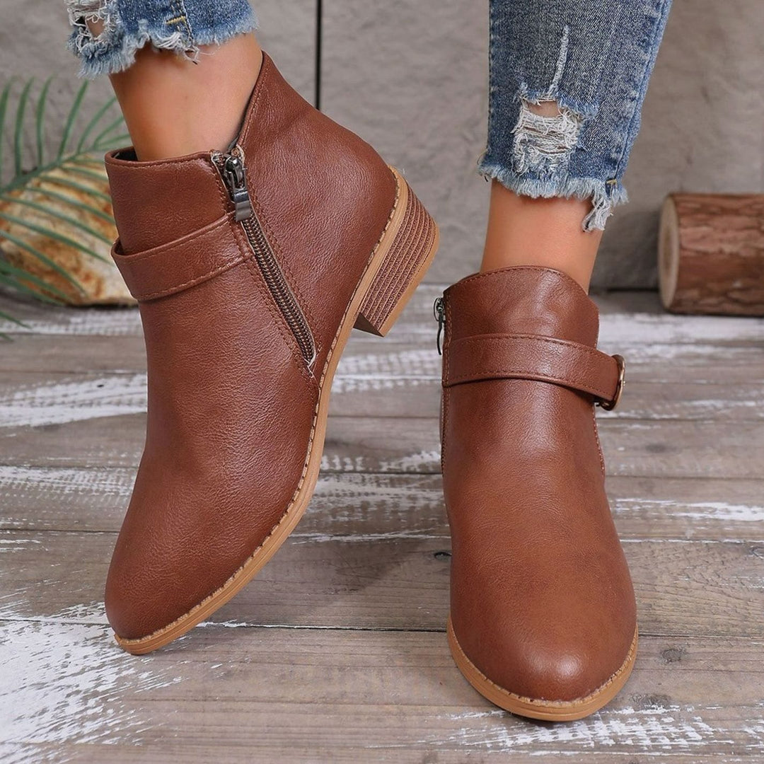 Women's Faux Leather Buckle-Strap Side-Zip Ankle Boots