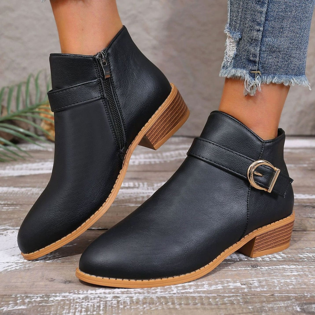 Women's Faux Leather Buckle-Strap Side-Zip Ankle Boots - Black