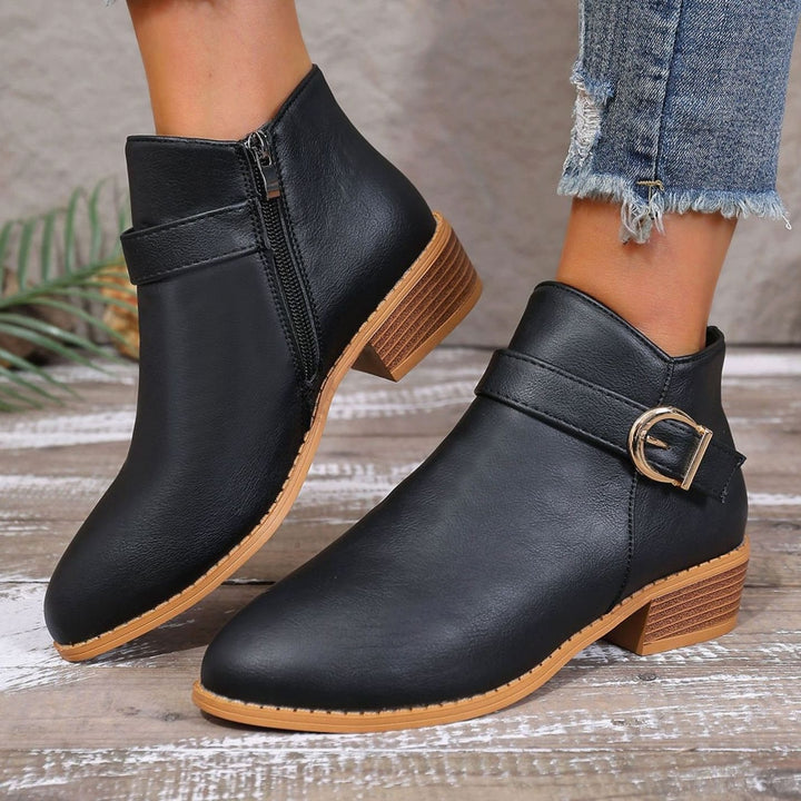 Women's Faux Leather Buckle-Strap Side-Zip Ankle Boots - Black