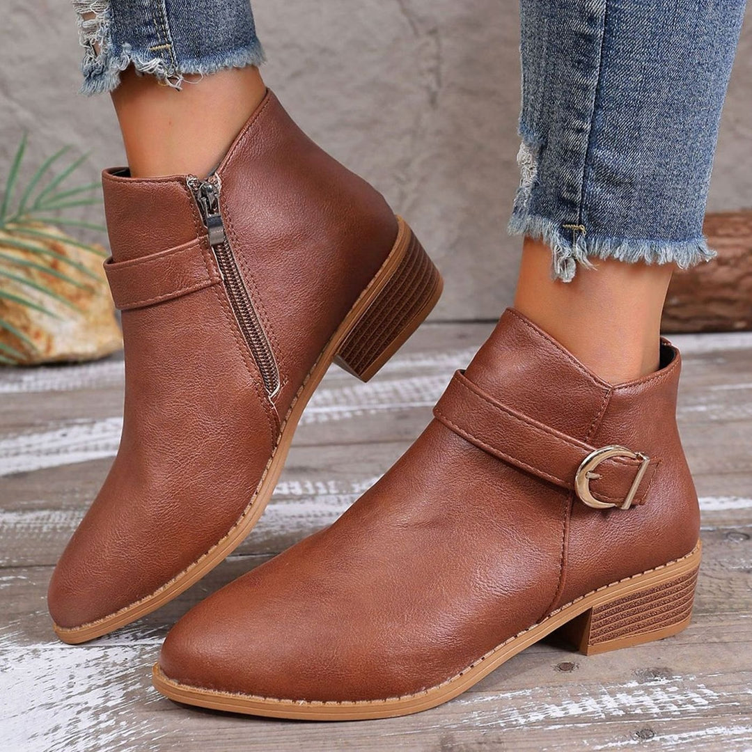 Women's Faux Leather Buckle-Strap Side-Zip Ankle Boots - Brown