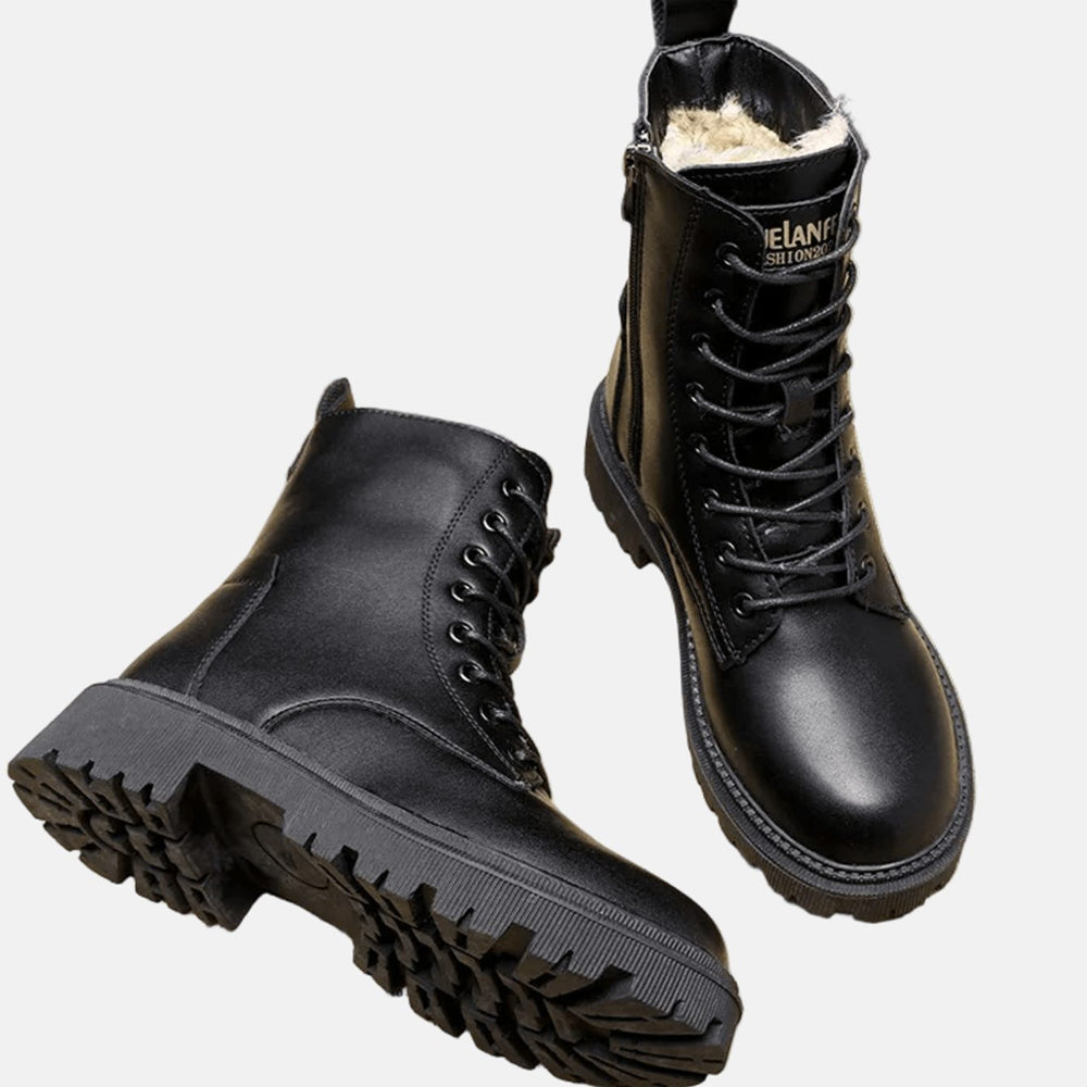 Women's Faux Leather Fur-Lined Lace-Up Winter Combat Boots, Black