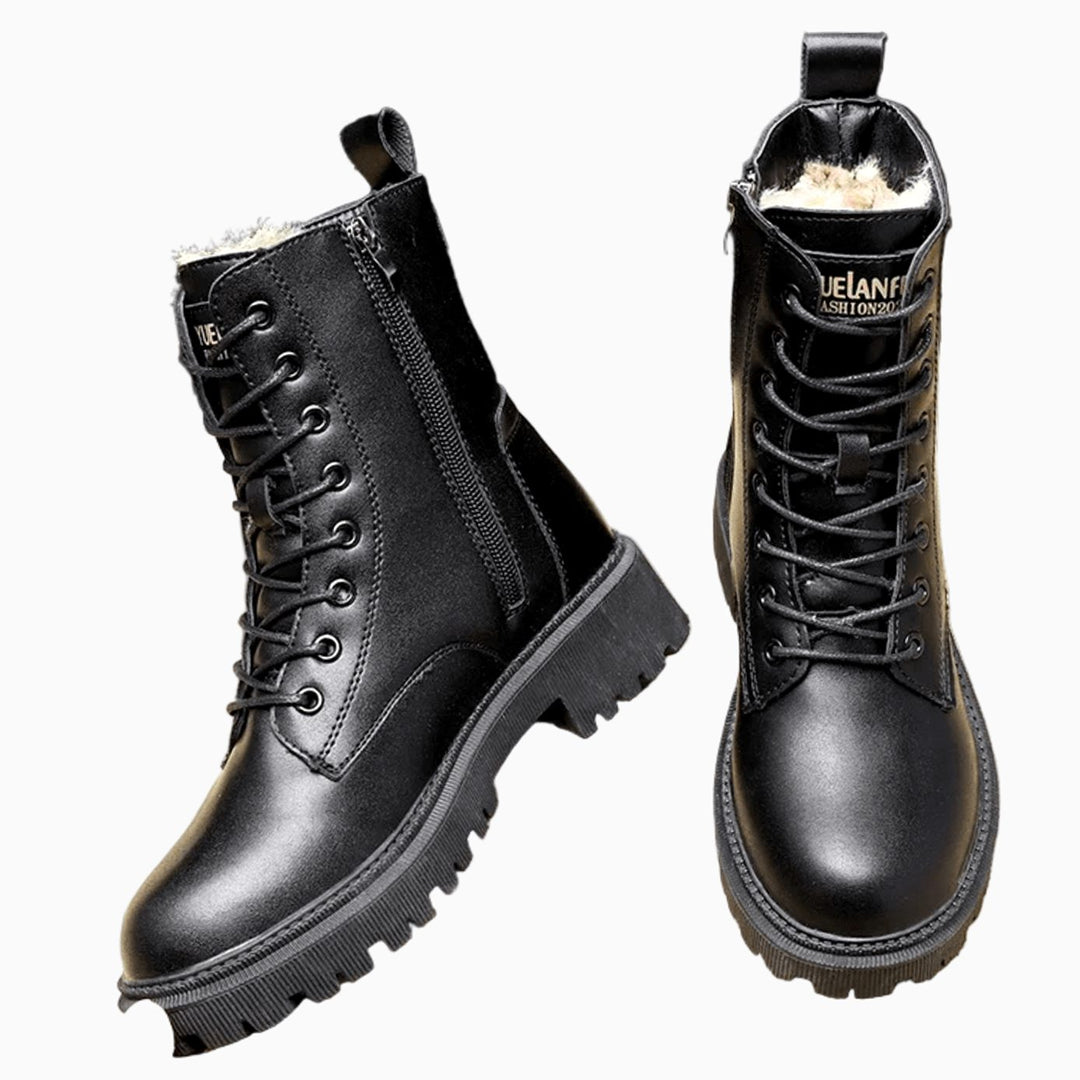 Women's Faux Leather Fur-Lined Lace-Up Winter Combat Boots, Black