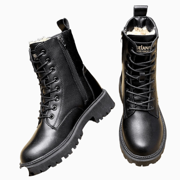 Women's Faux Leather Fur-Lined Lace-Up Winter Combat Boots, Black