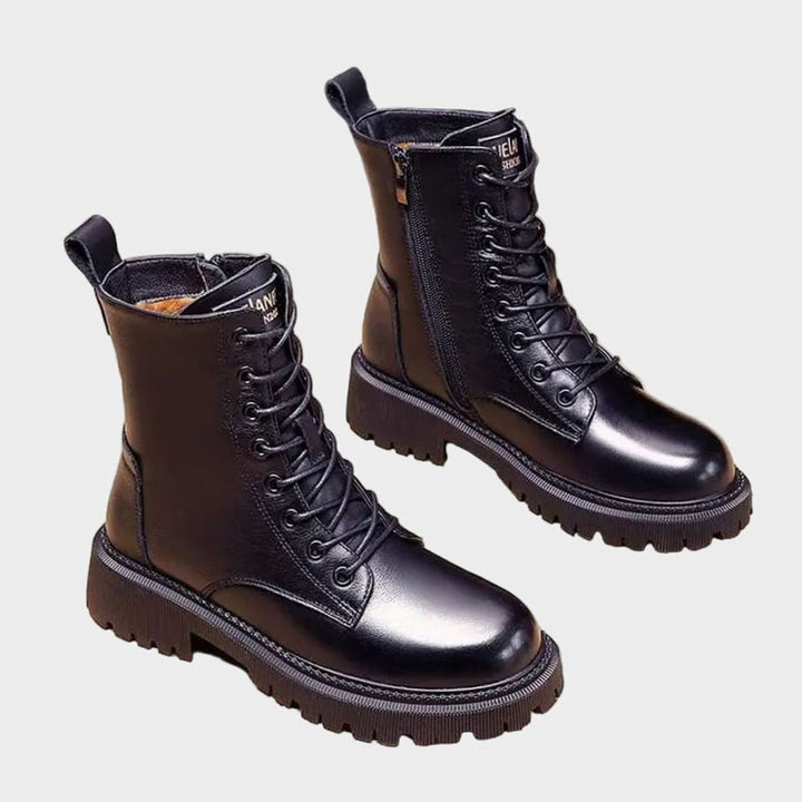 Women's Faux Leather Fur-Lined Lace-Up Winter Combat Boots, Black