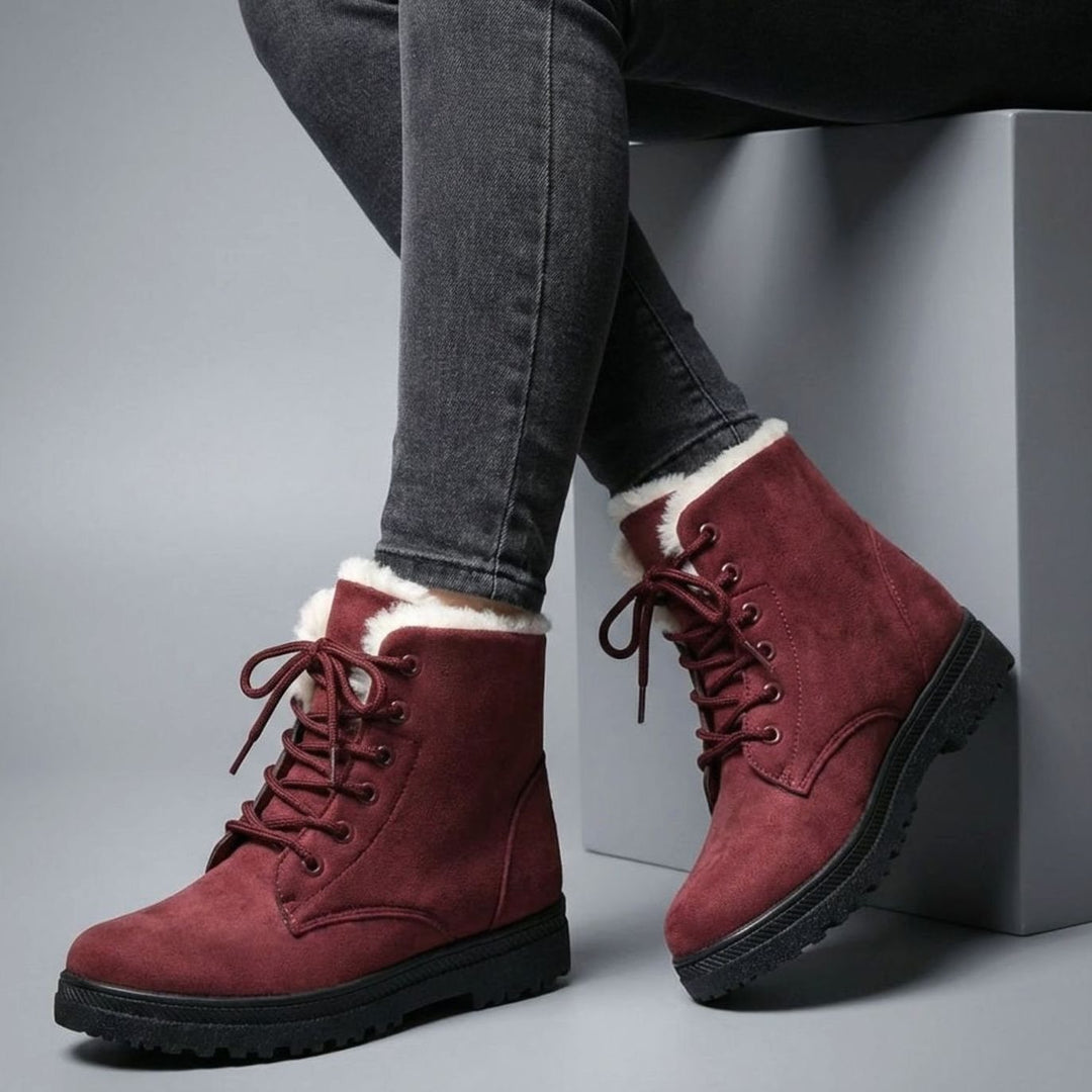 Women's Faux-Suede Fur-Lined Lace-Up Winter Ankle Boots, Burgundy