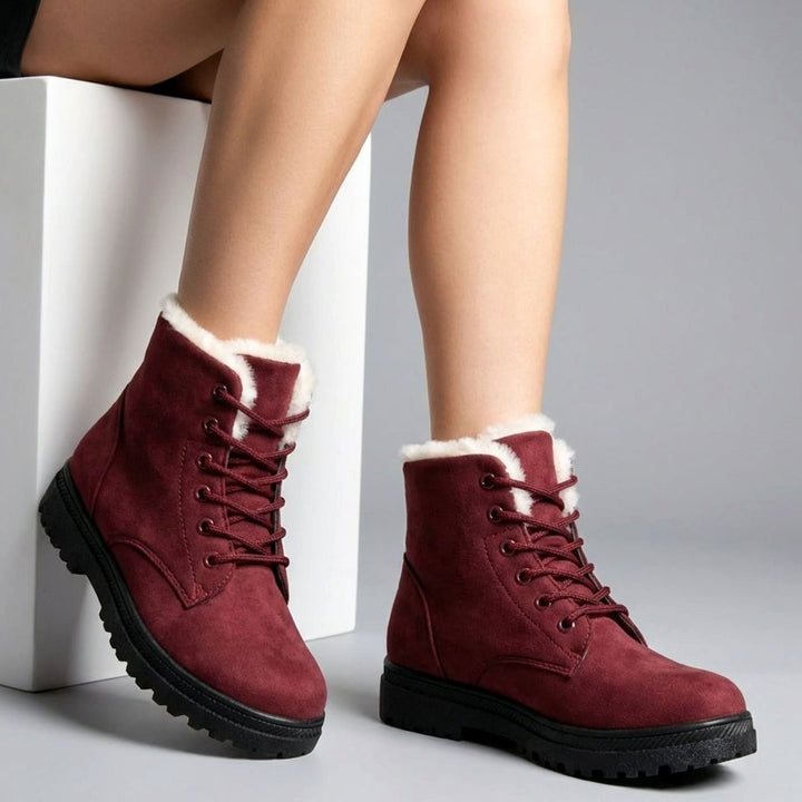 Women's Faux-Suede Fur-Lined Lace-Up Winter Ankle Boots, Burgundy