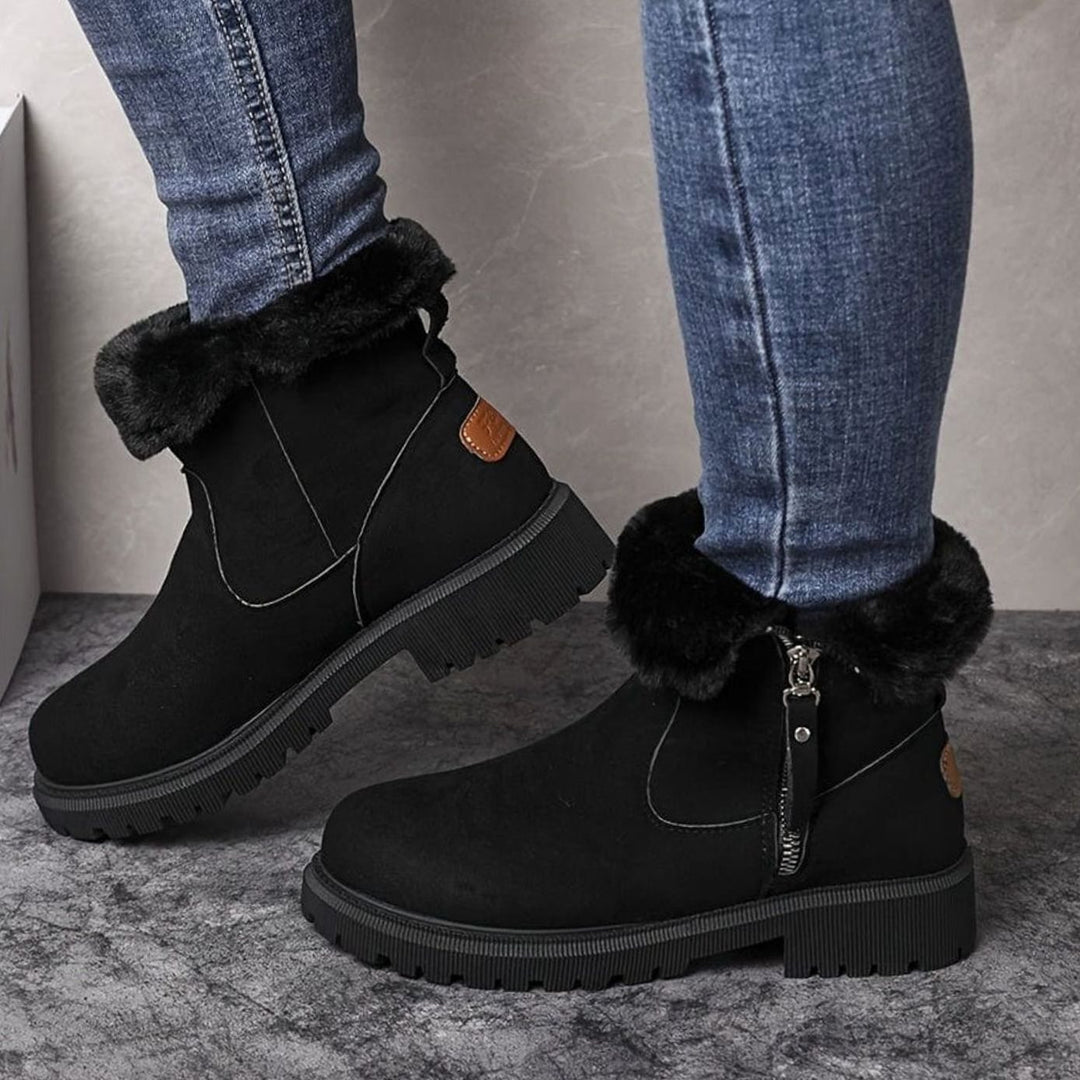Women's Faux-Suede Fur-Lined Side-Zip Winter Snow Boots - Black
