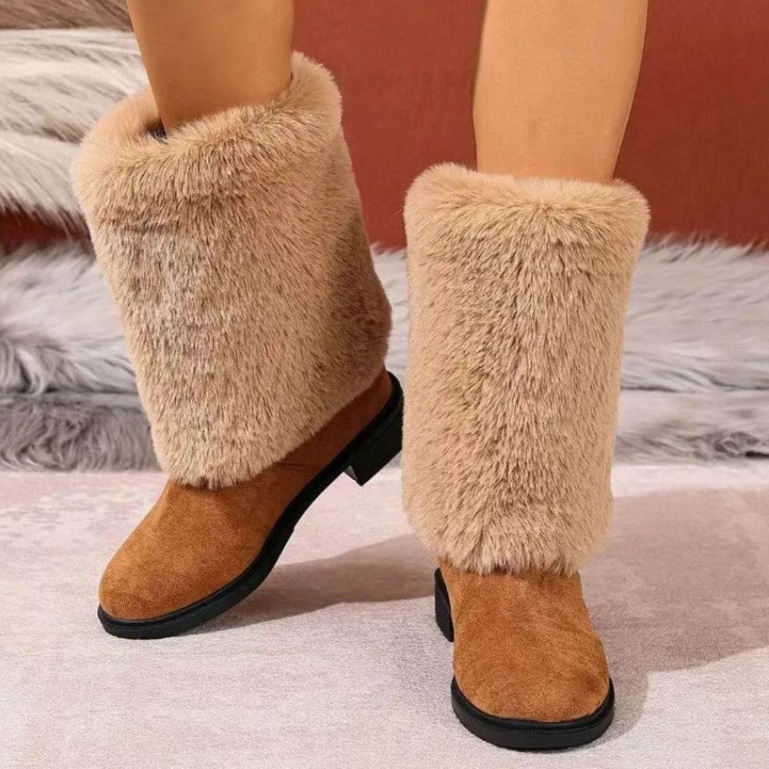 Women's Faux Suede Plush Cuff Slip-On Winter Boots - Brown