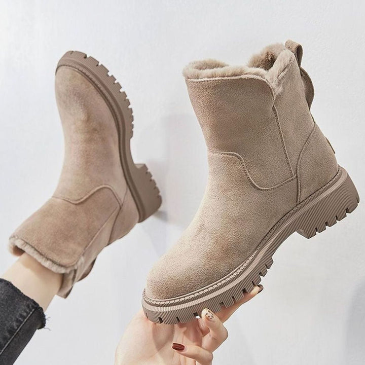 Women's Faux Suede Sherpa-Lined Slip-On Winter Ankle Boots - Beige