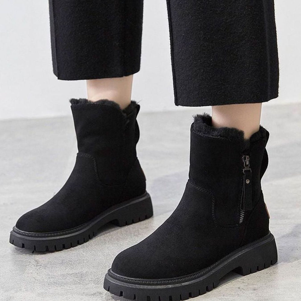 Women's Faux Suede Sherpa-Lined Slip-On Winter Ankle Boots - Black