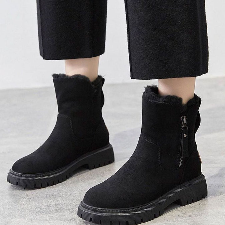 Women's Faux Suede Sherpa-Lined Slip-On Winter Ankle Boots - Black