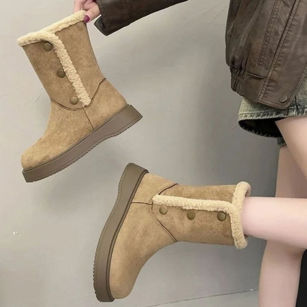 Women's Faux-Suede Sherpa-Trim Mid-Calf Snow Boots - Khaki