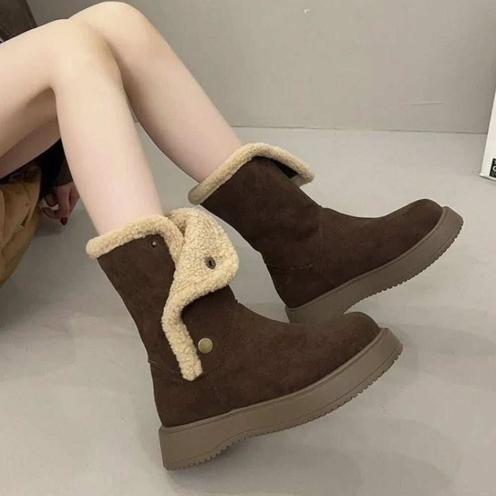 Women's Faux-Suede Sherpa-Trim Mid-Calf Snow Boots - Brown