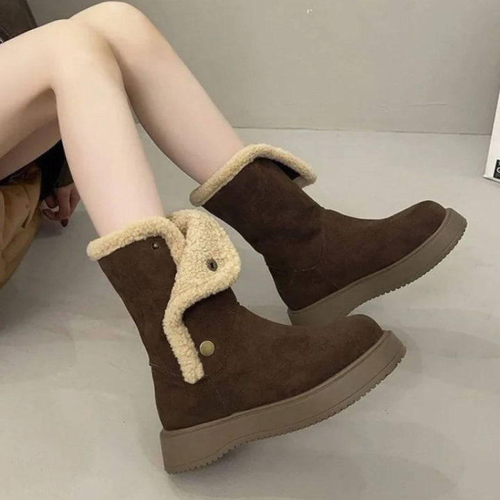 Women's Faux-Suede Sherpa-Trim Mid-Calf Snow Boots - Brown