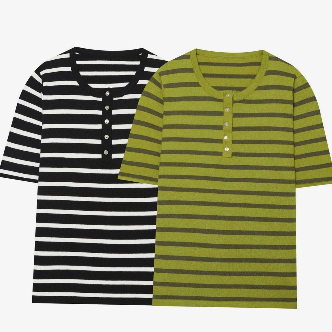 Women's Fine Knit Striped Short-Sleeve Henley Top