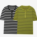 Camila | Women's Fine Knit Striped Short-Sleeve Henley Top