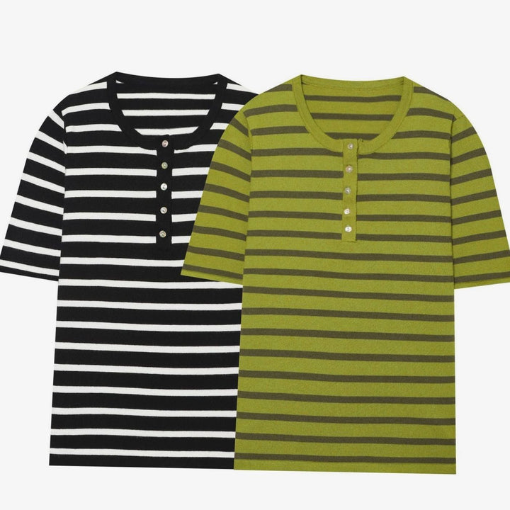 Women's Fine Knit Striped Short-Sleeve Henley Top