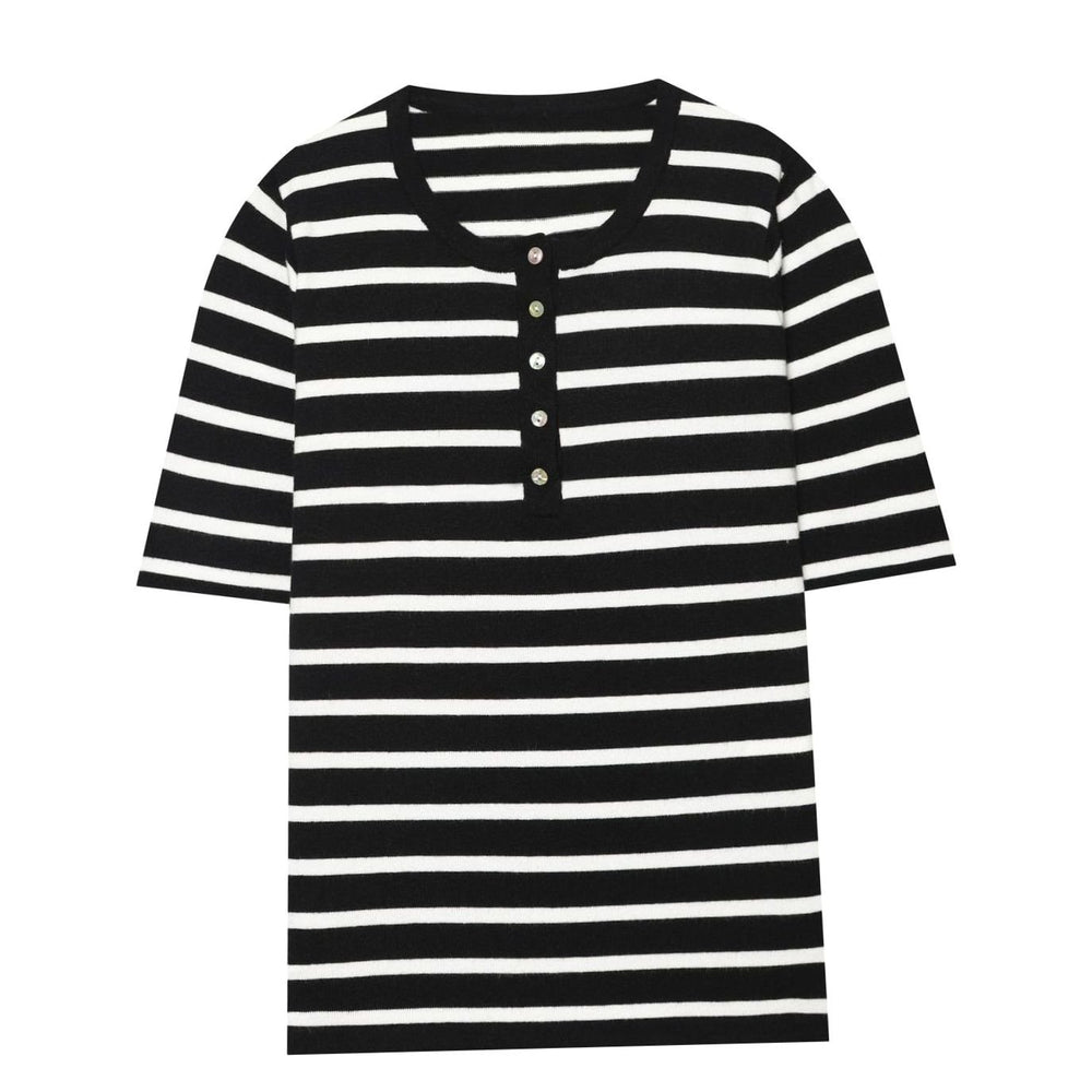 Women's Fine Knit Striped Short-Sleeve Henley Top