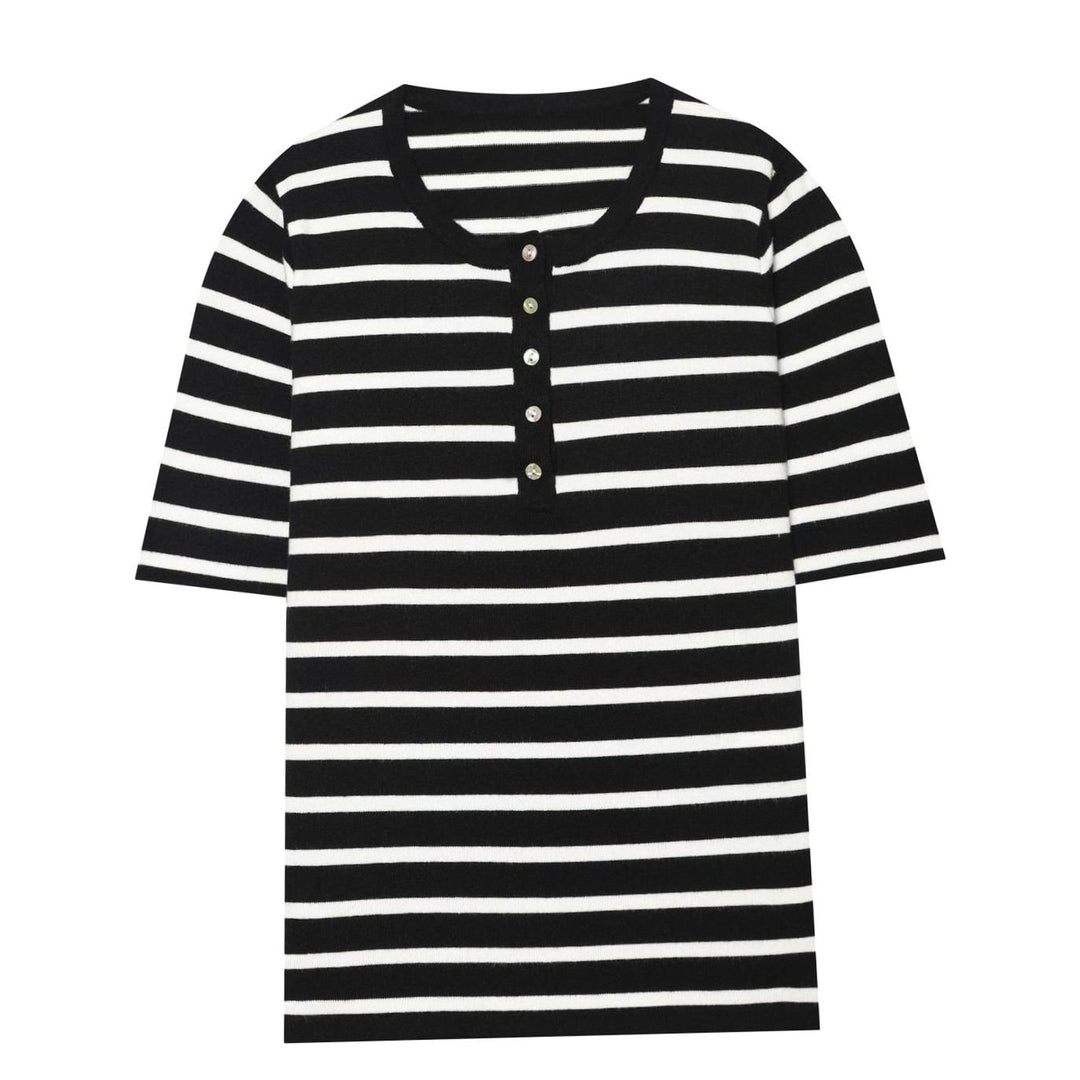 Women's Fine Knit Striped Short-Sleeve Henley Top