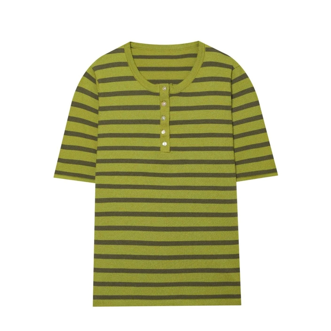 Women's Fine Knit Striped Short-Sleeve Henley Top