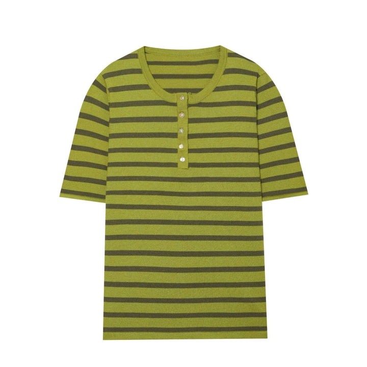 Women's Fine Knit Striped Short-Sleeve Henley Top