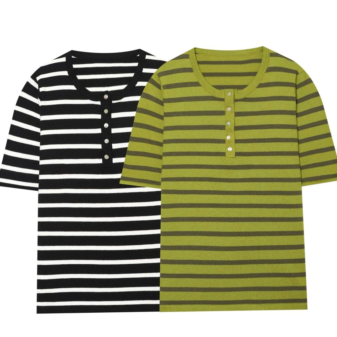 Women's Fine Knit Striped Short-Sleeve Henley Top