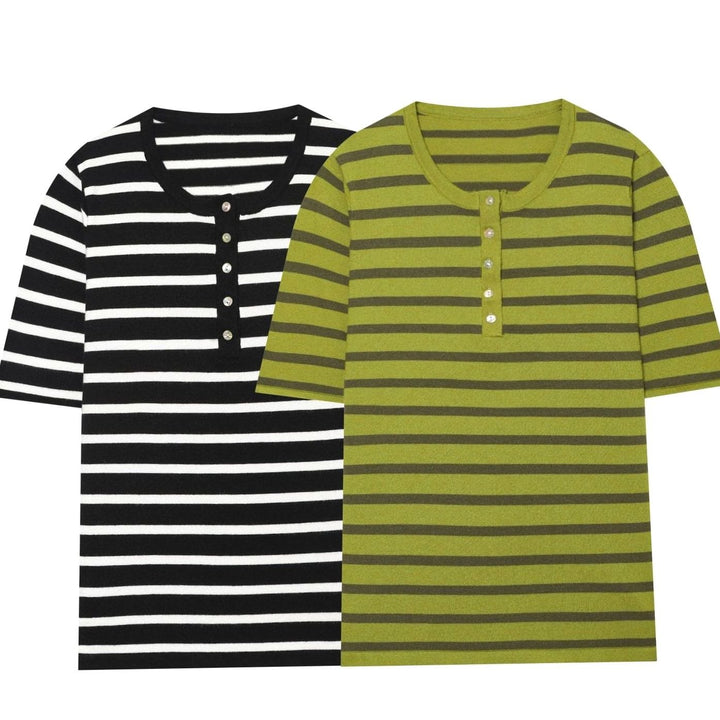 Women's Fine Knit Striped Short-Sleeve Henley Top
