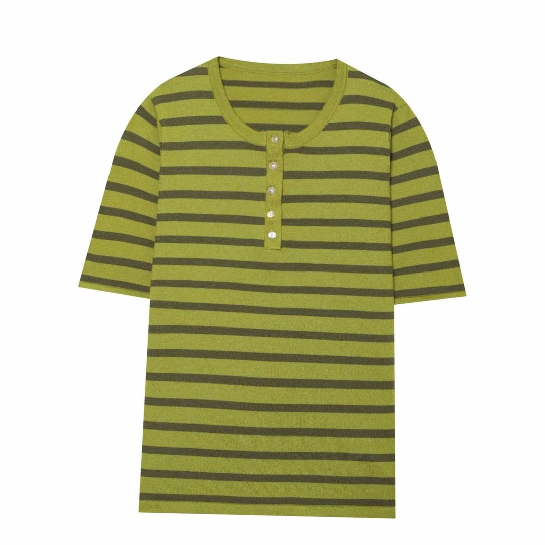 Women's Fine Knit Striped Short-Sleeve Henley Top - Green with stripes
