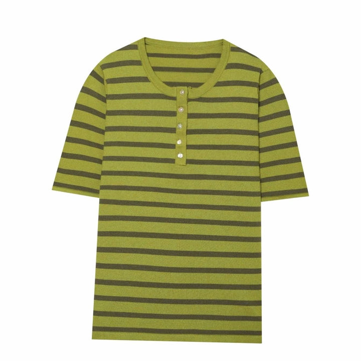 Women's Fine Knit Striped Short-Sleeve Henley Top - Green with stripes