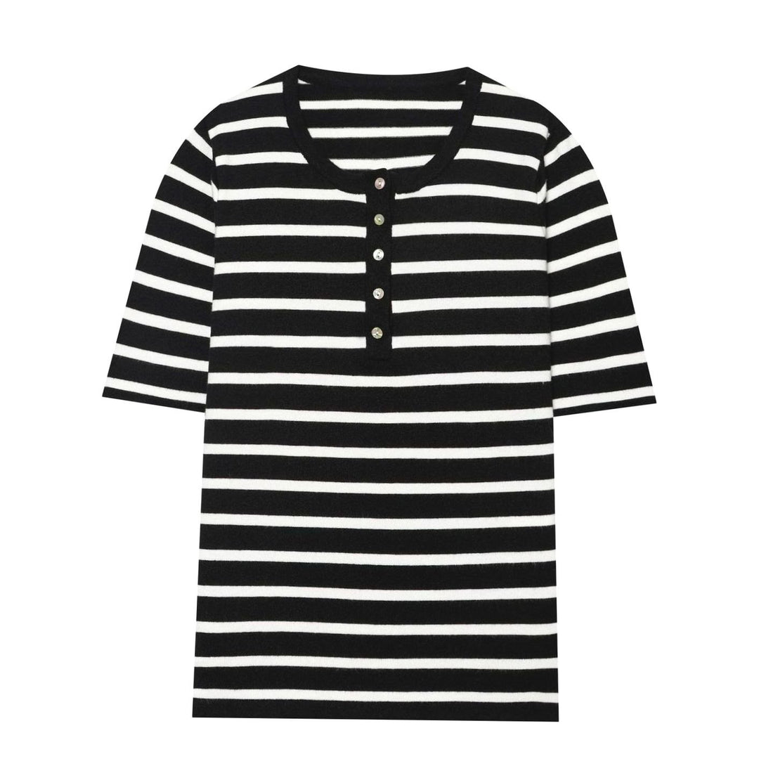 Women's Fine Knit Striped Short-Sleeve Henley Top - Black stripe