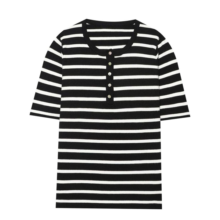 Women's Fine Knit Striped Short-Sleeve Henley Top - Black stripe