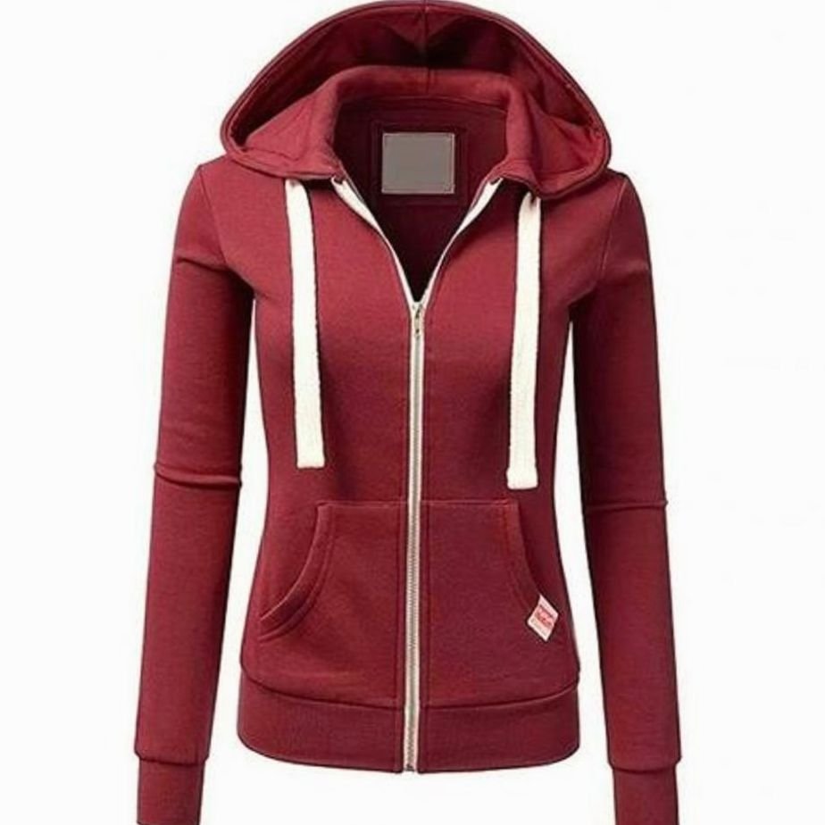 Women's Fitted Full Zip Hoodie Sweatshirt with Kangaroo Pocket - Red