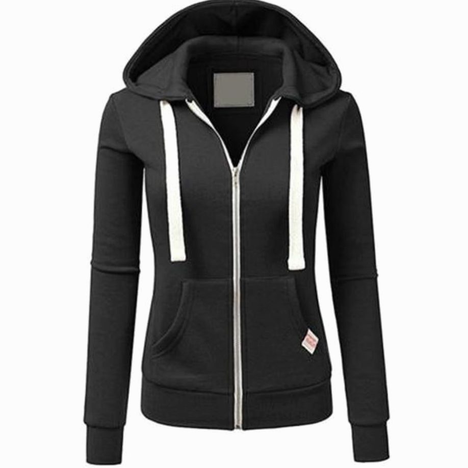Women's Fitted Full Zip Hoodie Sweatshirt with Kangaroo Pocket - Black