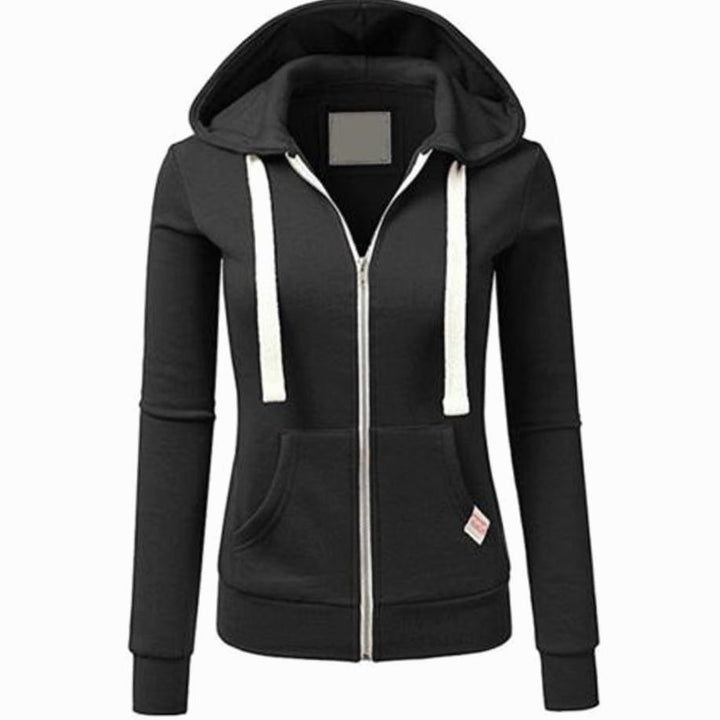 Women's Fitted Full Zip Hoodie Sweatshirt with Kangaroo Pocket - Black
