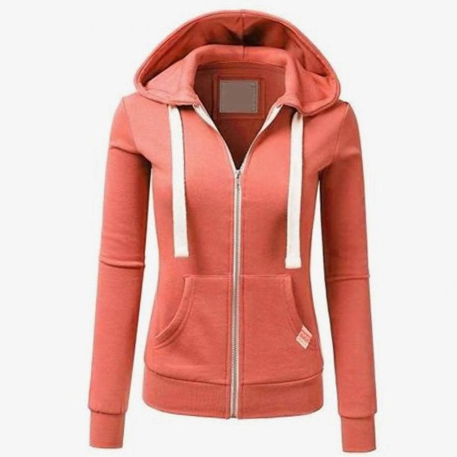 Women's Fitted Full Zip Hoodie Sweatshirt with Kangaroo Pocket - Orange