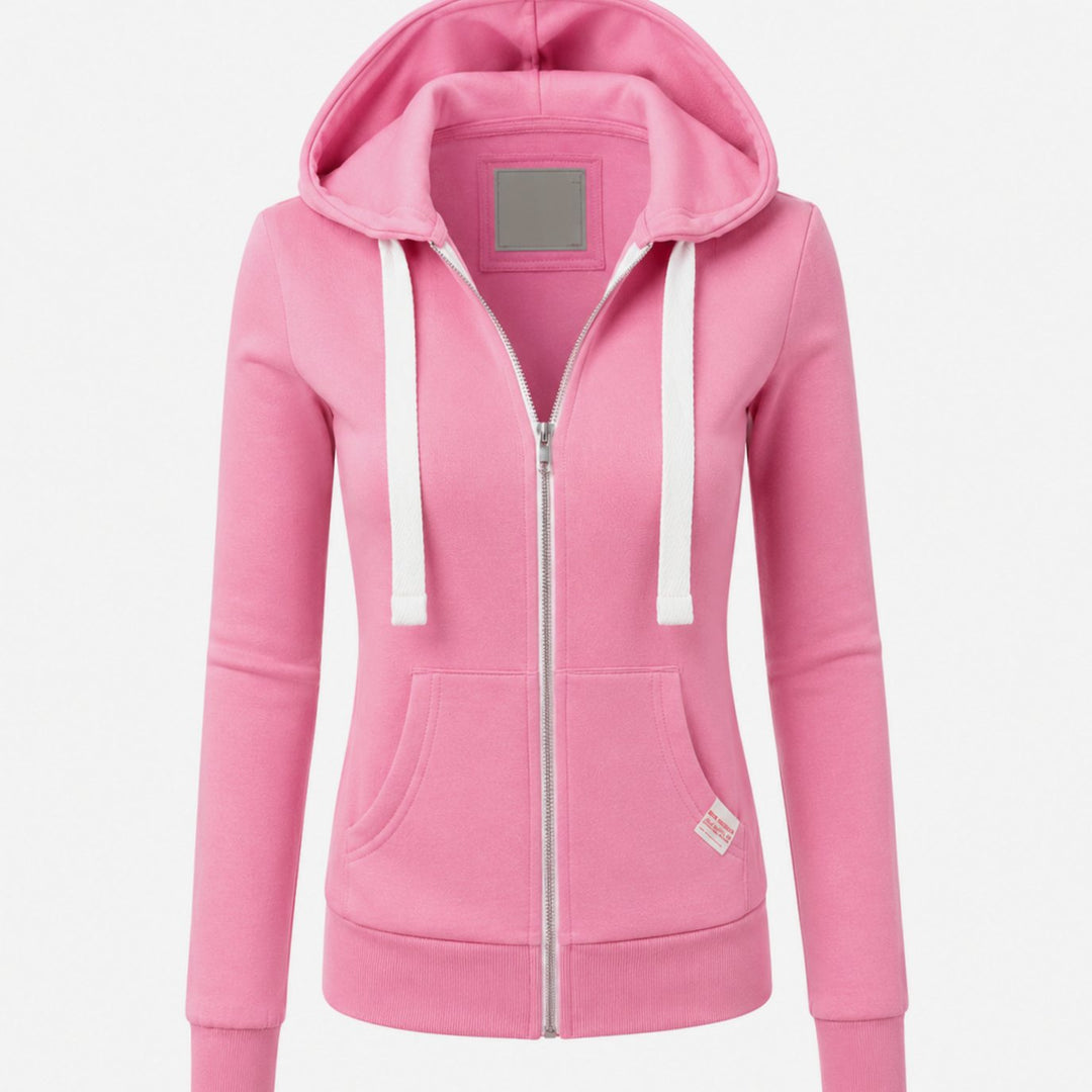 Women's Fitted Full Zip Hoodie Sweatshirt with Kangaroo Pocket - Pink