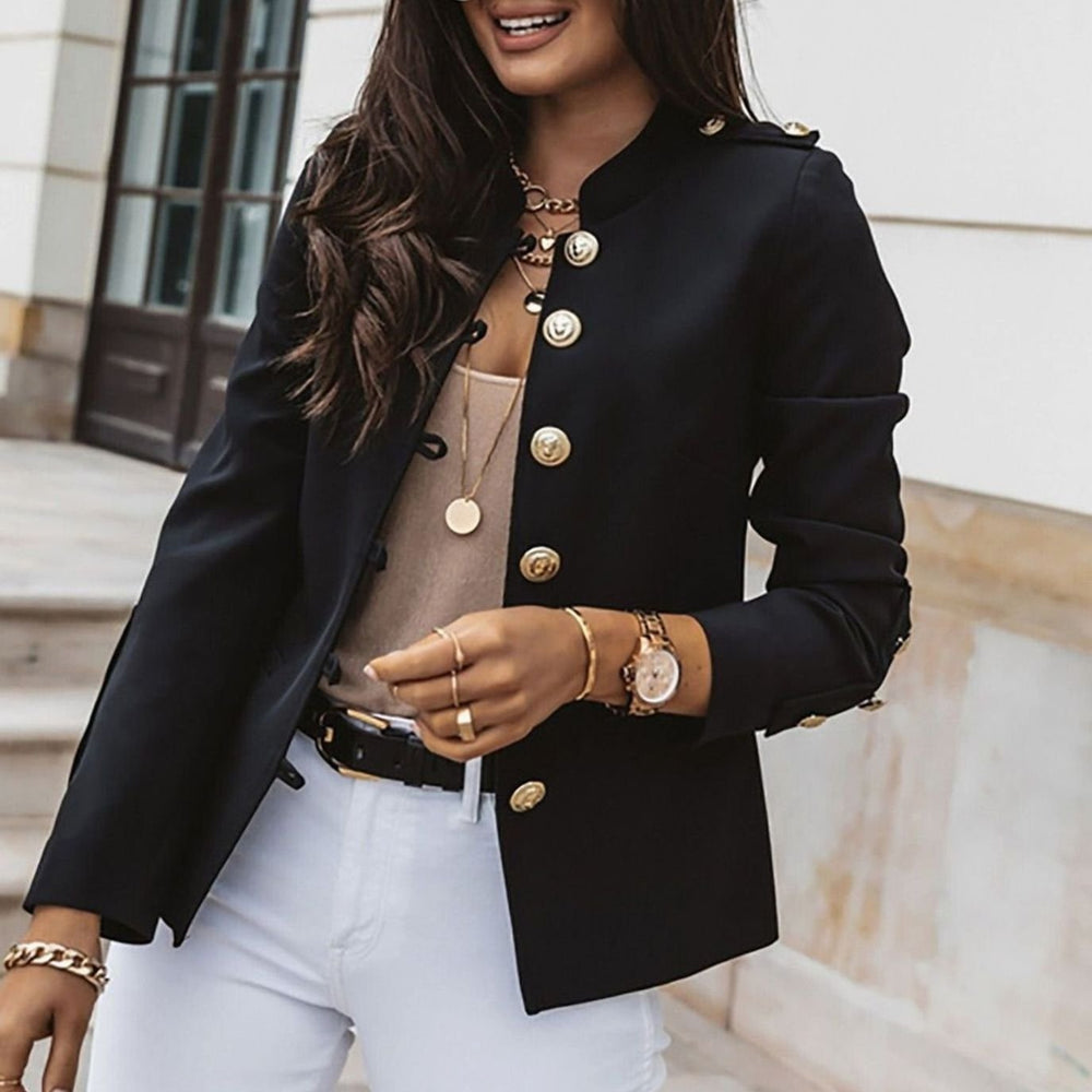 Women's Fitted Gold-Button Stand-Collar Blazer Jacket - Black