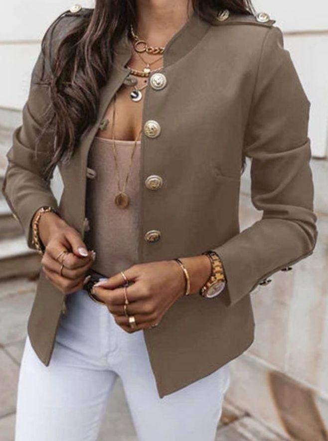 Women's Fitted Gold-Button Stand-Collar Blazer Jacket - Khaki