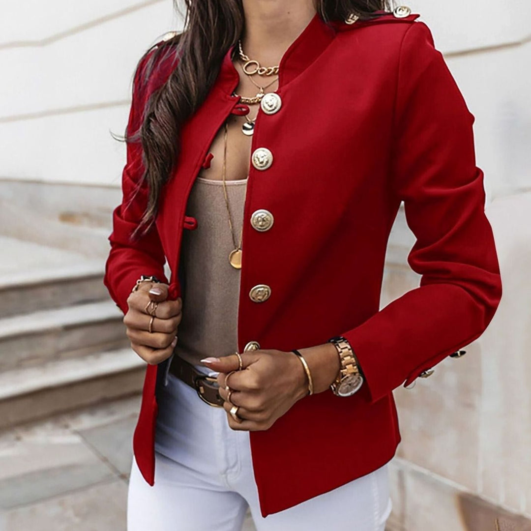 Women's Fitted Gold-Button Stand-Collar Blazer Jacket - Red