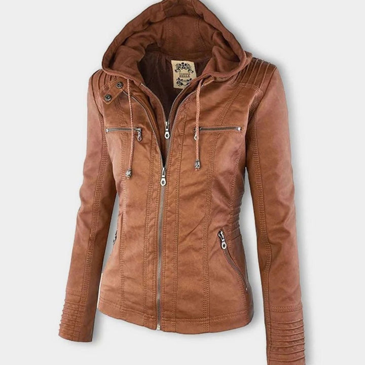 Women's Fitted Hooded Faux Leather Zip-Up Moto Jacket