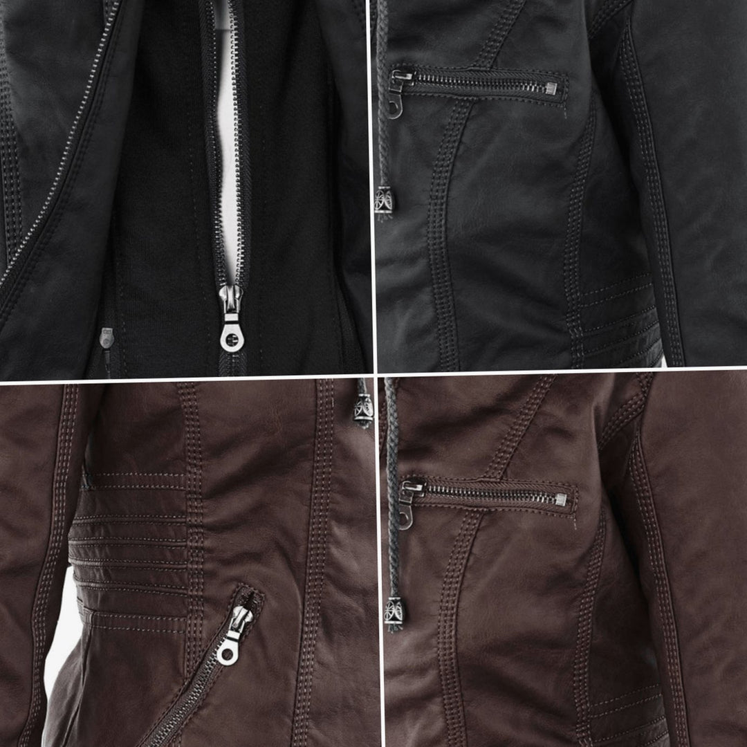 Women's Fitted Hooded Faux Leather Zip-Up Moto Jacket