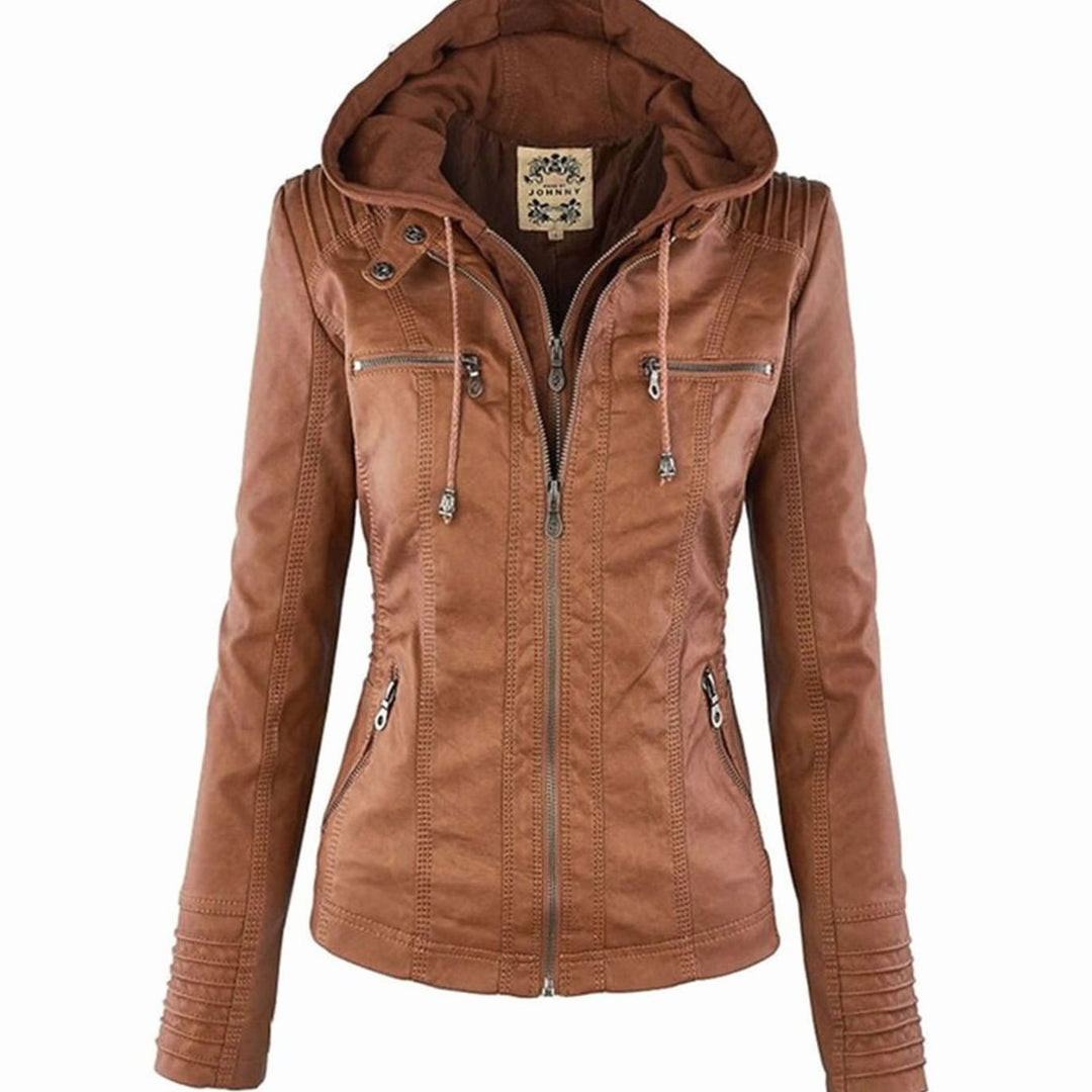 Women's Fitted Hooded Faux Leather Zip-Up Moto Jacket - Khaki