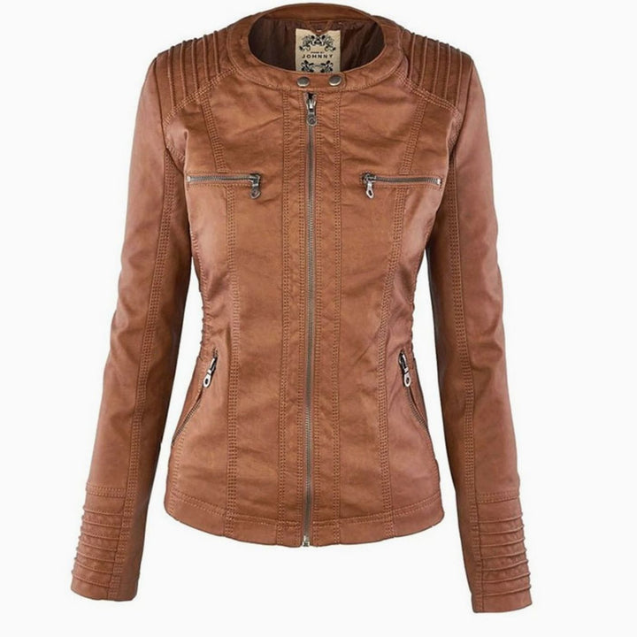 Women's Fitted Hooded Faux Leather Zip-Up Moto Jacket
