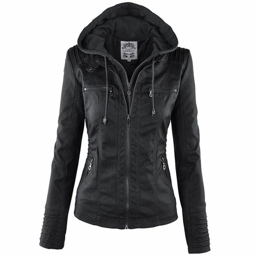 Women's Fitted Hooded Faux Leather Zip-Up Moto Jacket - Black