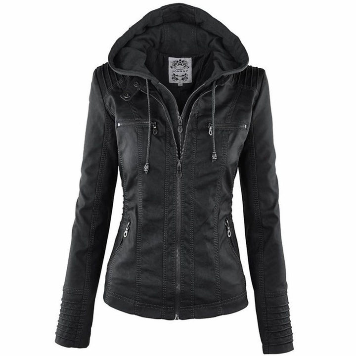 Women's Fitted Hooded Faux Leather Zip-Up Moto Jacket - Black